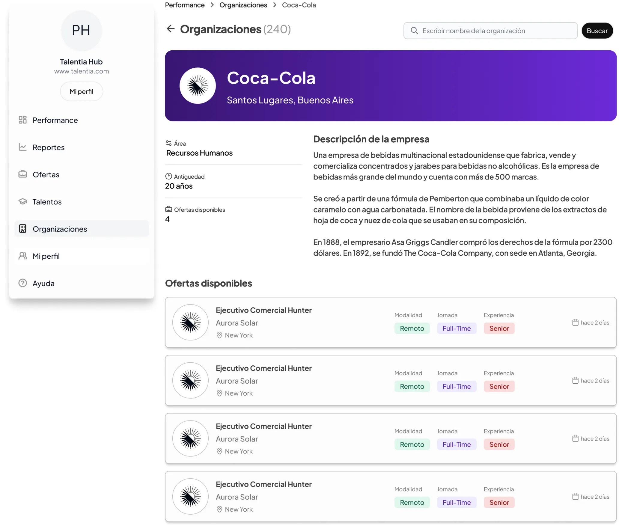 Panel de organizaciones de Talentia Hub mostrando el perfil de una empresa con sus ofertas disponibles