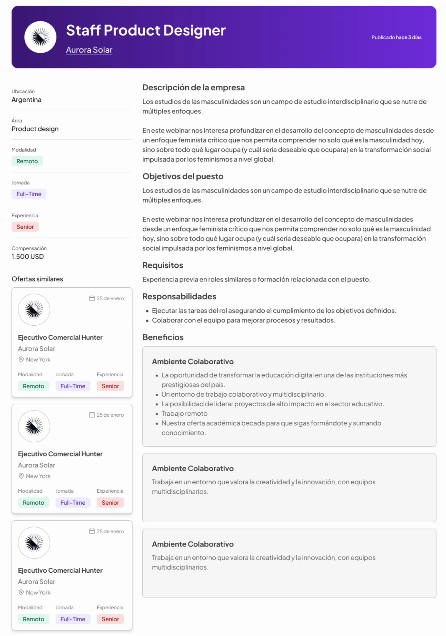 Detalle de oferta laboral mostrando descripción del puesto, requisitos, responsabilidades y beneficios