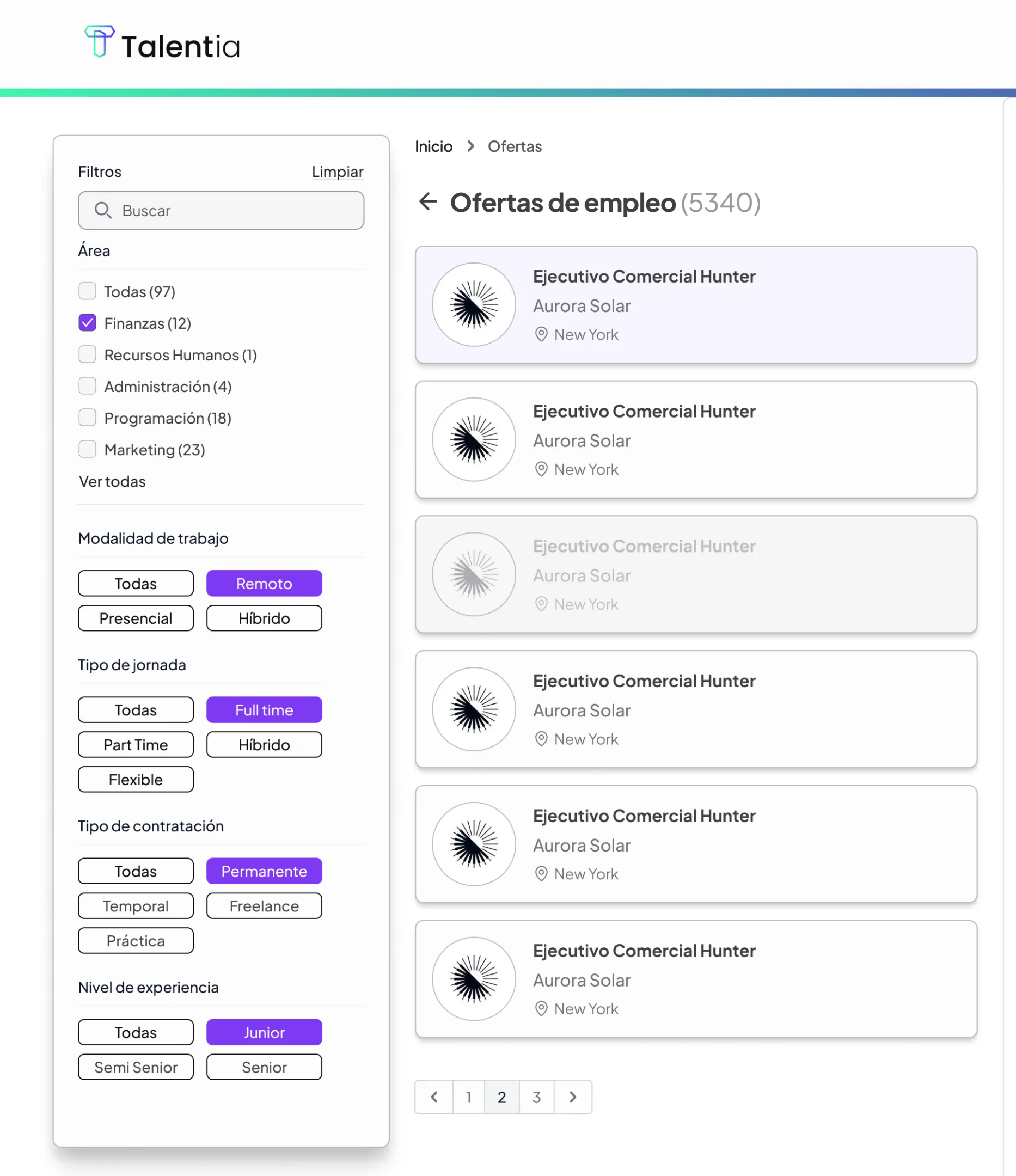 Feed de ofertas de empleo con filtros por área, modalidad de trabajo, tipo de jornada y nivel de experiencia